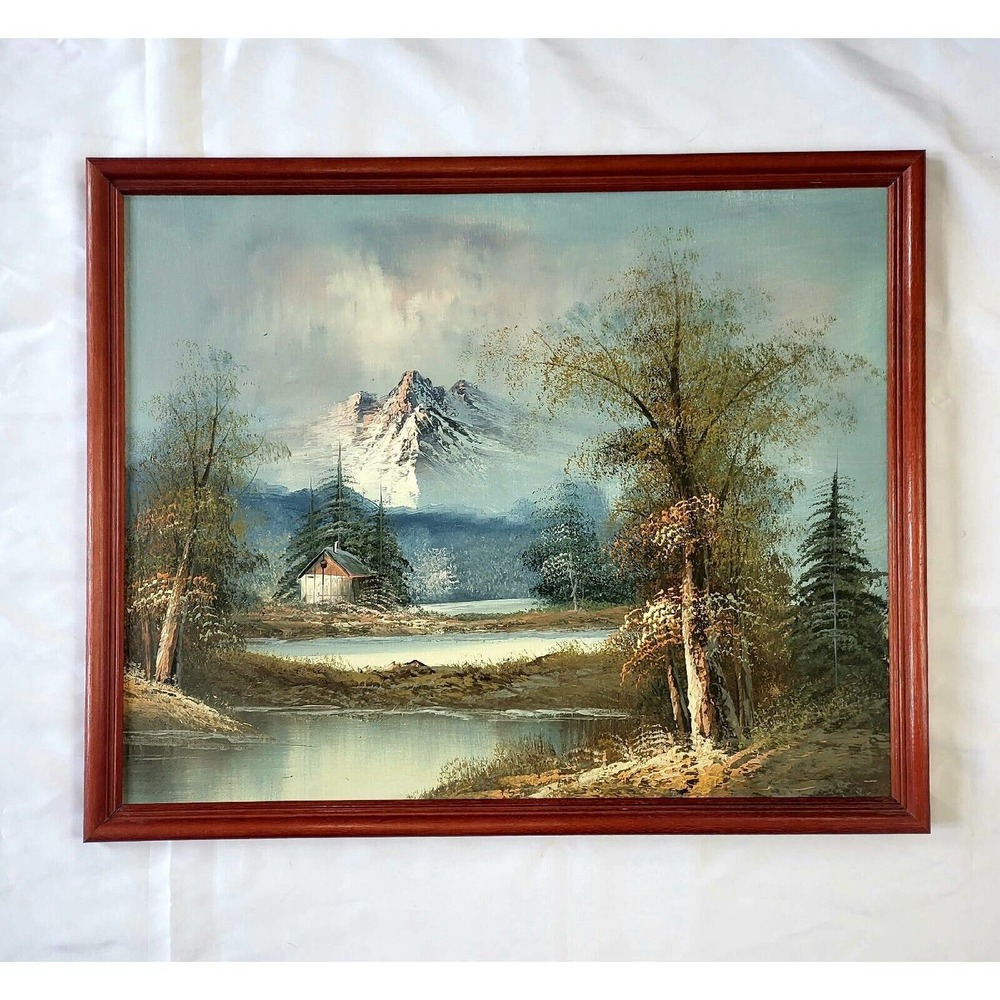 Hidden Oasis Cabin Mountain Scenic Framed Canvas "21.5in L X 17.5in H"